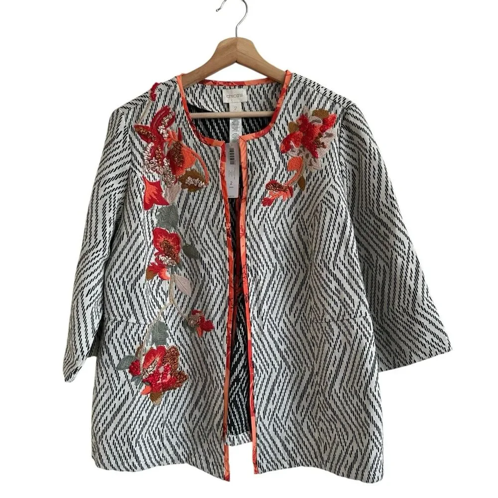 NWT Chico’s Artisan Applique Floral Embroidered 3/4-Sleeves Open Front Jacket 2